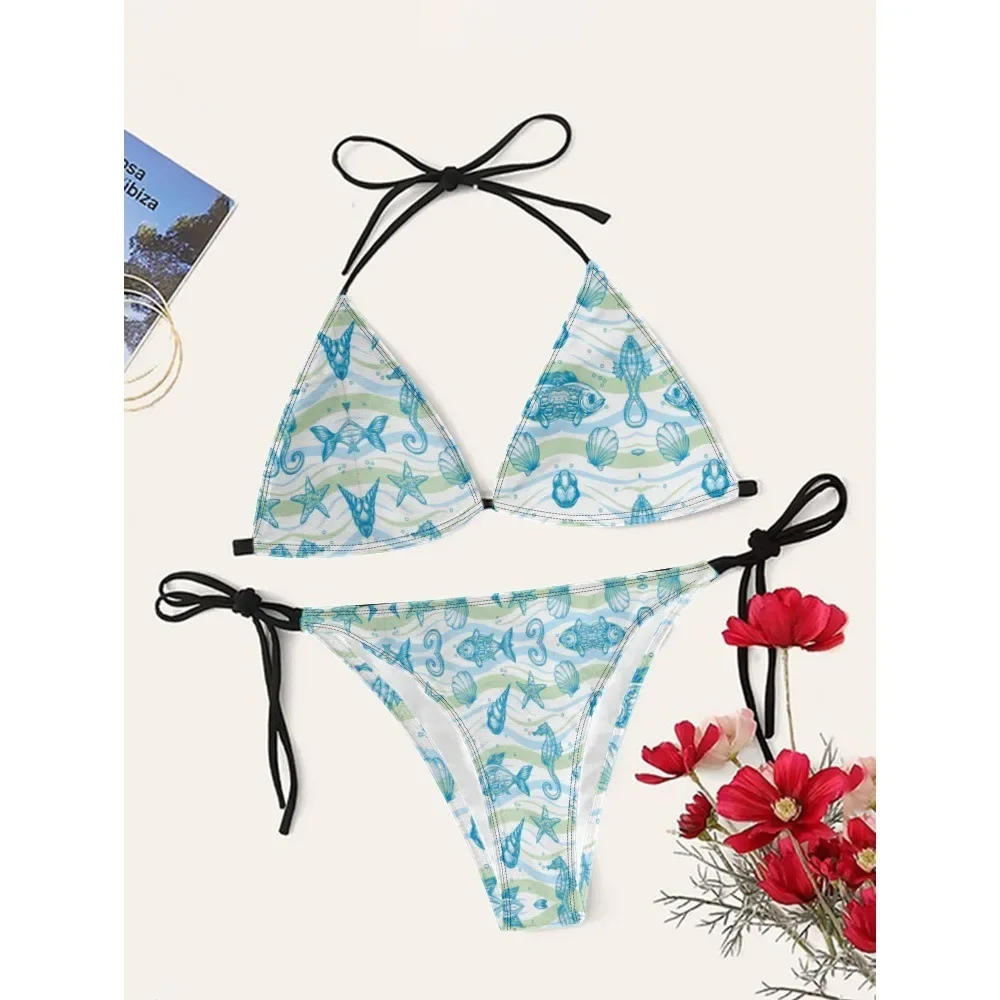 Women Sexy Ocean ​Seashell Printed Bikini Cupshe Straps High Waist Swimwear Quick Dry Beach Pool Essential Micro Bikini Swimsuit