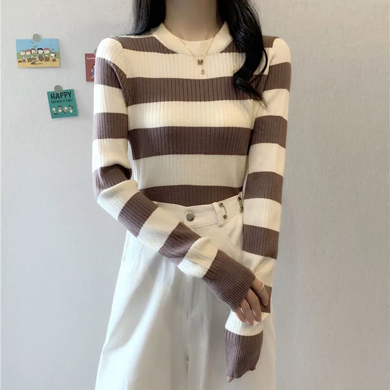 2024 Autumn New Striped Knit Sweaters Woman Korean Slin Fit Long Sleeve Ribbed Pullover Women Contrast Color Chic O-Neck Jumpers