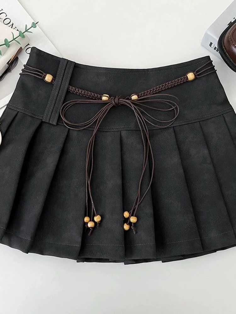 Jmprs Y2K Women Pu Pleated Skirts Streetwear High Waist Sexy Mini Skirt Vintage American Lace Up Harajuku Fall Winter Lady Skirt