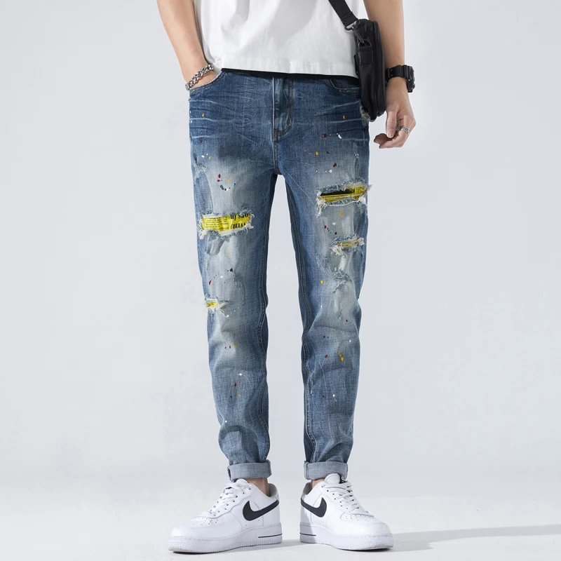 

Ripped Jeans Men Slim Fit Blue Stretch Spring Distressed Punk Jeans Painting Destroyed Jean Man Patchowrk Streetwear Motocycle