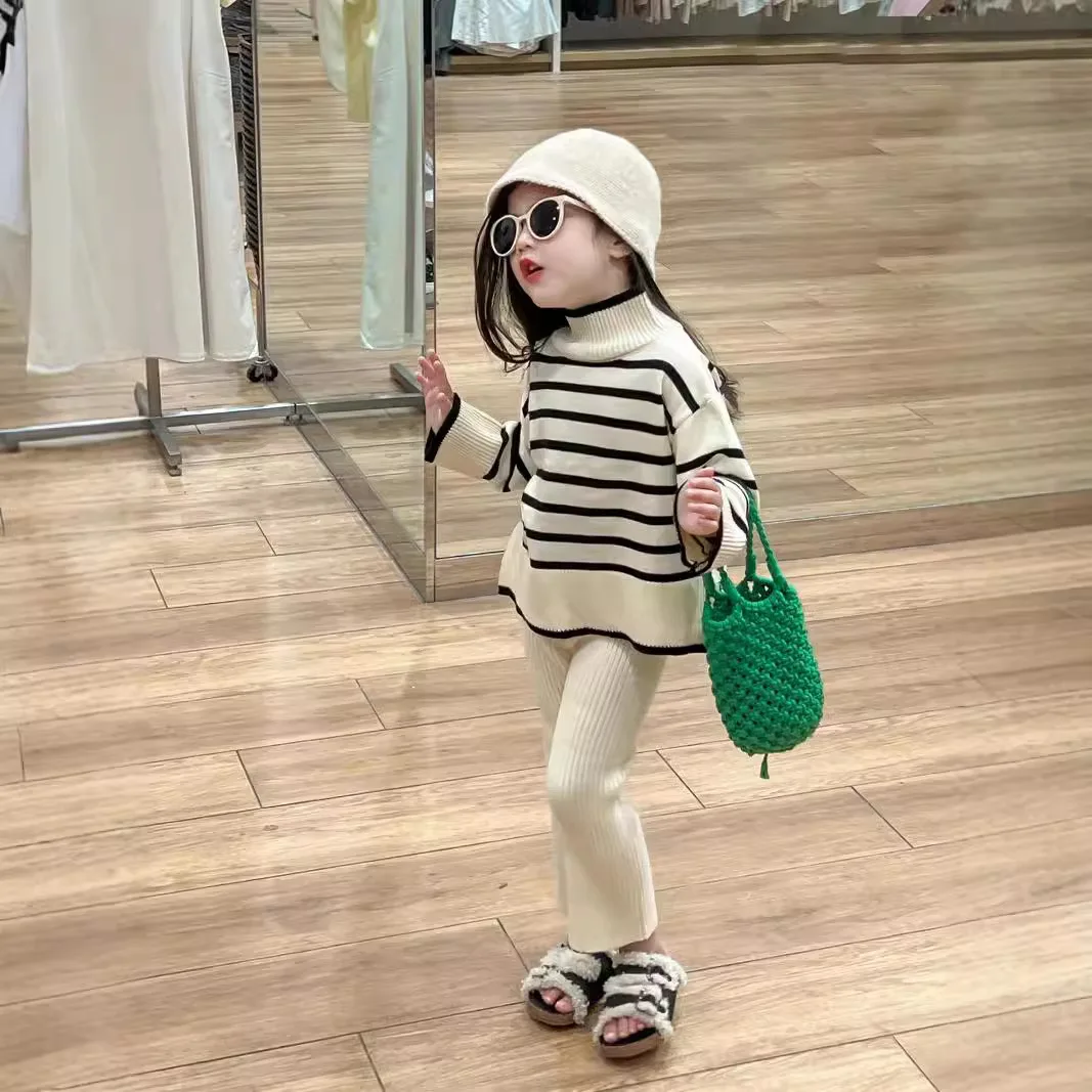 Girls suit 2024 autumn new childrens wear Korean striped knit turtleneck open-fork sweater solid color wide-leg pants two-piece