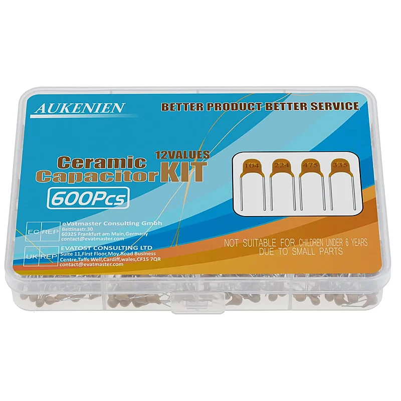 AUKENIEN 12 Value 600 Pieces Ceramic Capacitor Set Capacitors Assortment 0.1uF TO 0.68uF,1uF TO 10uF Ceramic Capacitor Kit