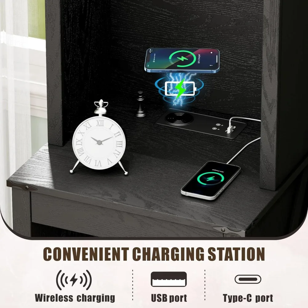 Comodino alto da fattoria con stazione di ricarica, comodino con ripiani, comodino a LED con cassetto per pistola, nero
