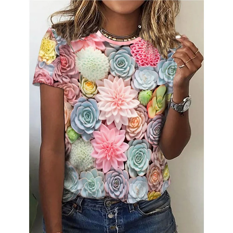 

3D Printed Peach Flower T Shirt For Women Succulent Plants Graphic Short Sleeves Summer Street O-Neck Tees Tops Loose T-Shirts