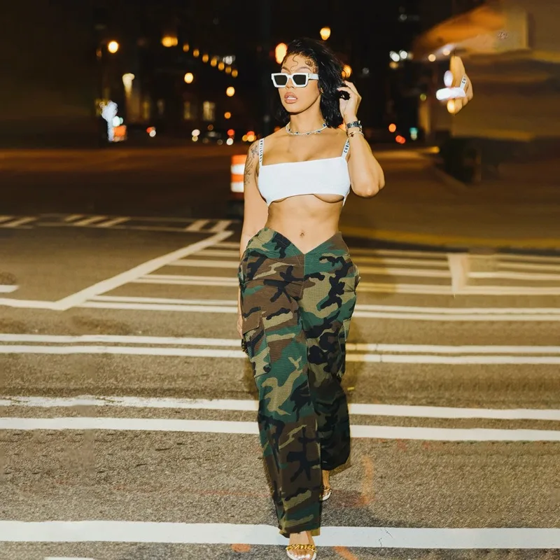 

Camouflage Cargo Pants 2023 Autumn Women Sexy V Cut Elastic Low Waist Multi Pockets Loose Casual Camo Trousers Female Streetwear