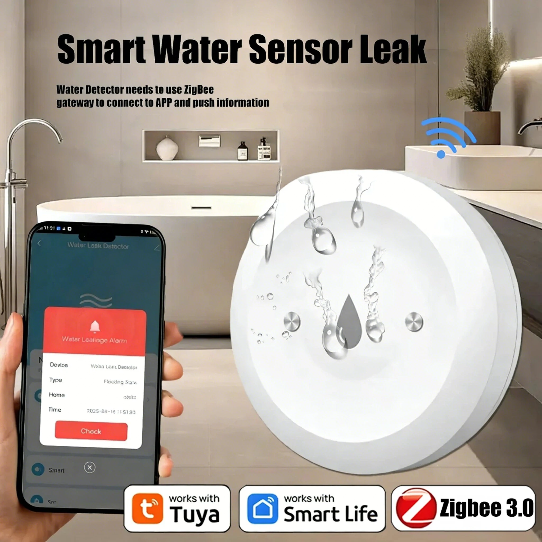 Tuya ZigBee Smart Water Flood Sensor APP Remote Monitoring L