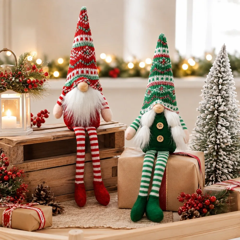 2 pieces of Nordic-style long-legged Christmas faceless old man figurines. With a classic red, white and green striped design, t