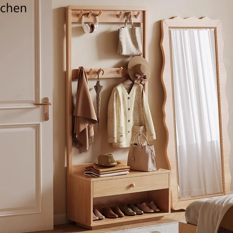 HYS Massivholz-Schminkspiegel, Garderobenständer, Schuhbank für den Eingangsbereich, Freistehendes Schlafzimmer-Aufbewahrungsregal mit Spiegel