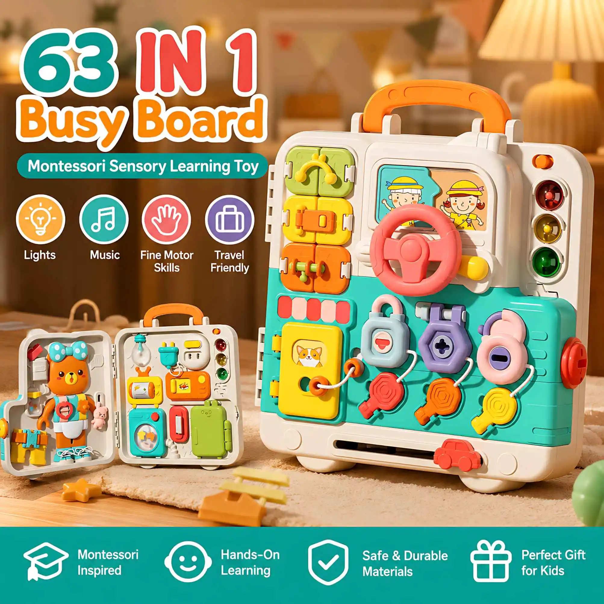 Tableau d'activités Montessori pour tout-petits, jouet sensoriel pour bébé, tableau d'apprentissage interactif avec musique, lumières, interrupteur, jouet éducatif de voyage