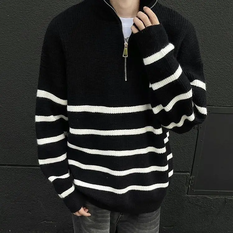 

Повседневный вязаный свитер, мужской полосатый свитер на молнии, свободный крой, верхняя пряжа, тонкий, обычный, длинный, эластичный воротник-стойка