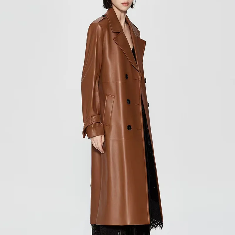 Retro Brown Leather Jacket Women Sheepskin British Style Lapel Double Breasted Belt Loose Long Trench Coat Kurtka Damska Zimowa