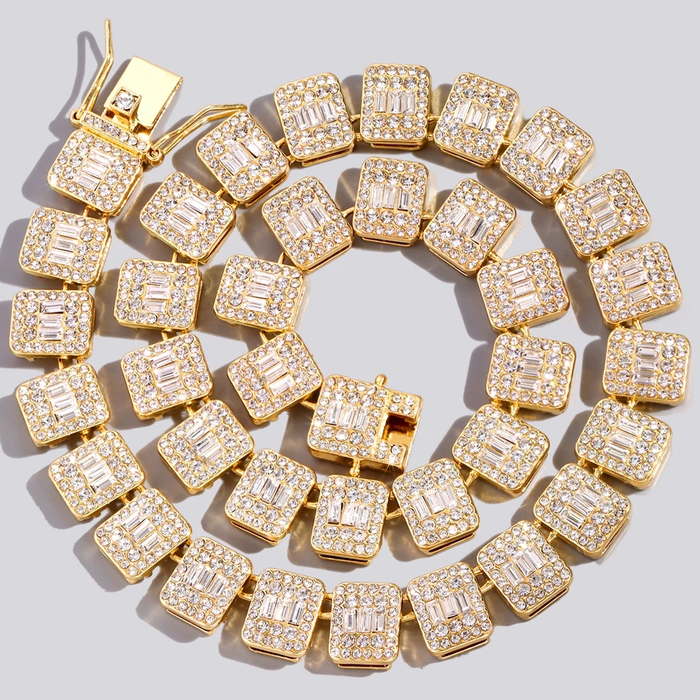 Men Women Bling Iced Out Chain Baguette Tennis Cuban Necklaces Gold Silver Color Shine Square Crystal Necklace Hip Hop Jewelry