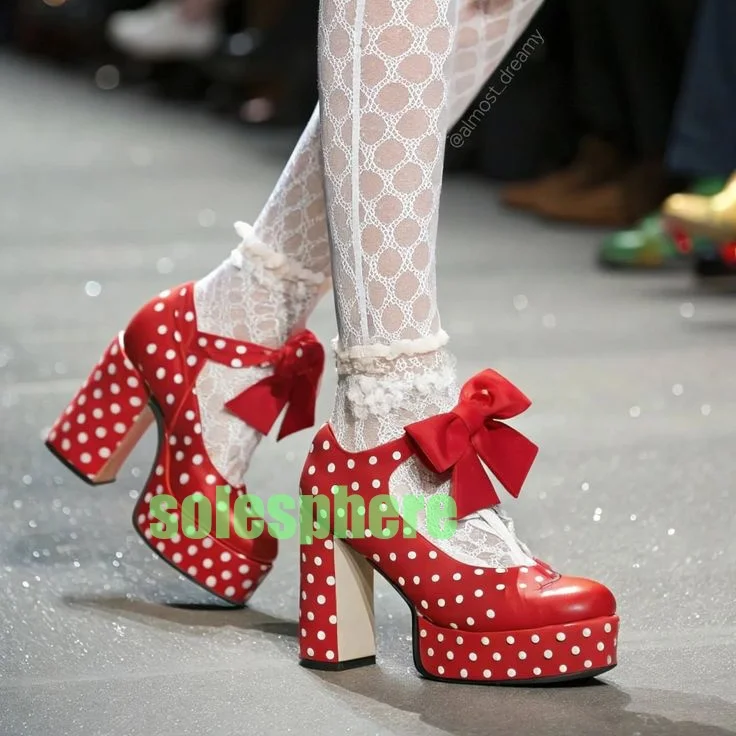 

Lady Pink Red Polka Dot Design Mary Janes Shoes Chunky Bowtie Design Elegant Lolita Dress Party New Arrive Platform Pumps Size