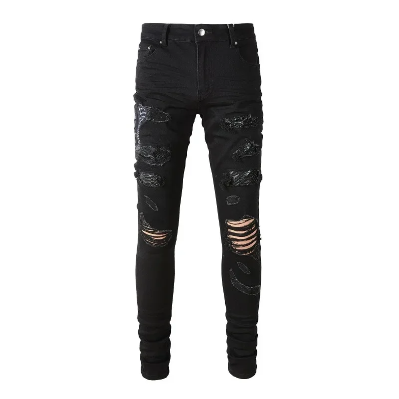 

Four Seasons New Men's Black Skinny Hole Straight Jeans Pants Elastic American Trendy Embroidered Snake Denim Trousers Male Cool