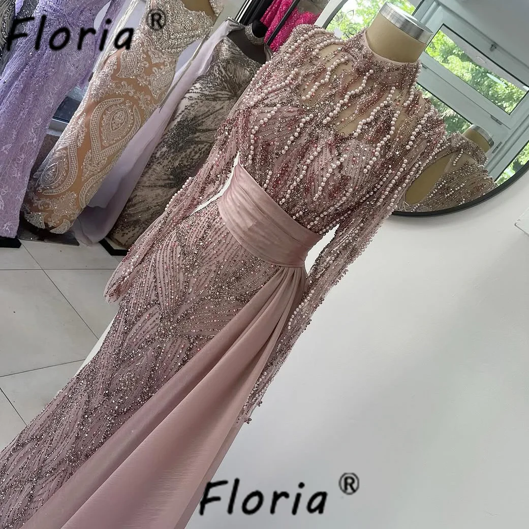 Elegante Roze Parels Kralen Avondjurk Lange Mouwen Moslim Dubai Vrouw Bruiloft Jurken Aangepaste Robe de Soiree Femme 2025