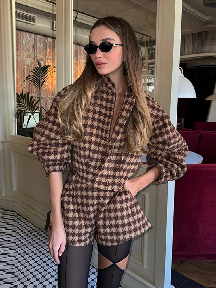 Vintage Braun Frauen Plaid Mantel Kurze Sets 2 Stück Langarm Revers Jacke Hohe Taille Slim Fit Kurze 2025 Dame Mode Outfits – Detail 10