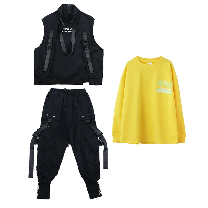 Tactical Cargo Pants for Girls Boys Dance Costume Clothes Kid Hip Hop Clothing Sleeveless Jacket Vest Sweatshirt Top Streetwear