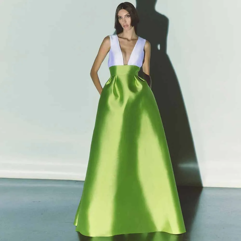 فساتين مناسبة خاصة لعام 2025 من الساتان على شكل حرف a فساتين سهرة رسمية خضراء على شكل حرف v جيب بدون أكمام فساتين حفلات نسائية طويلة
