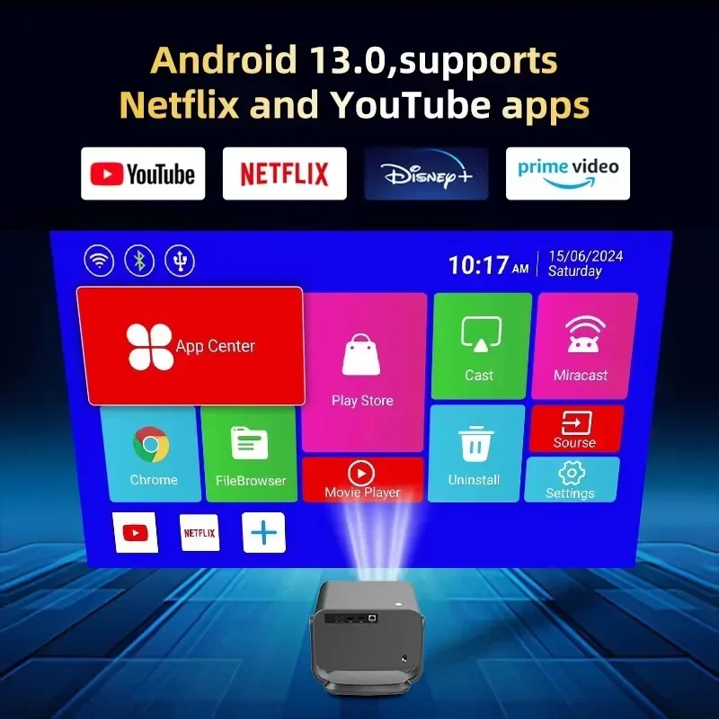 4K 350Lms 1080P Full HD Projector Auto Focus Lens LCD Lamp Android 13 Airplay Features Portable Home Theater Use