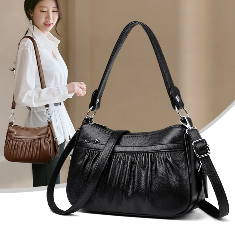 Simple Folded PU Leather Women's Crossbody Bag Fashionable Mom Handbag Shoulder Bag Handbag Stylish Trendy Soft Leather Bag