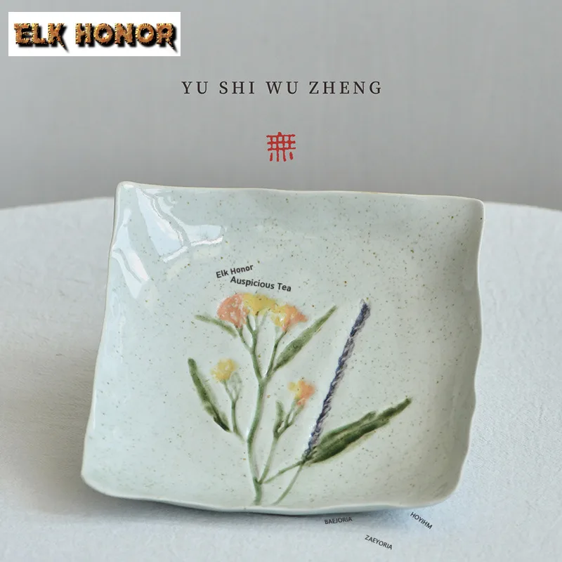 ZAEYORIA Creative Hand-painted Stoneware Shallow Plate Pot Bearing Holder Tableware Dishes Plate Irregular Square Fruit Plate view 4