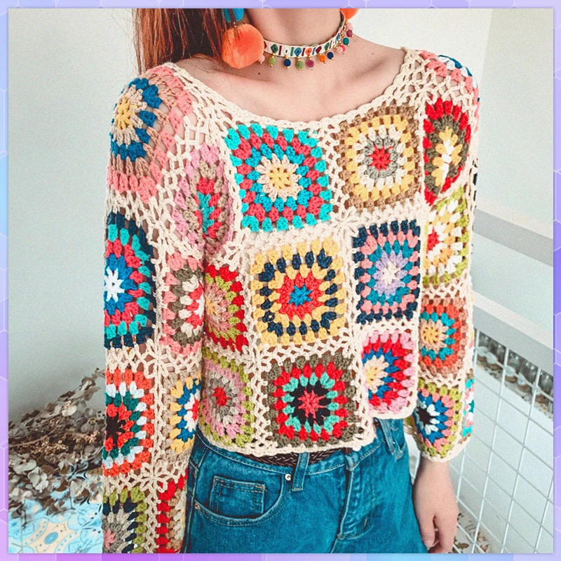 Women\'s Sweater Boho Retro Vintage Colorful Hand Made Crochet Tops Long Sleeve Hollow Out Knitted Pullover Cropped Sweaters