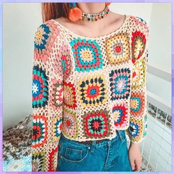 Women's Sweater Boho Retro Vintage Colorful Hand Made Crochet Tops Long Sleeve Hollow Out Knitted Pullover Cropped Sweaters