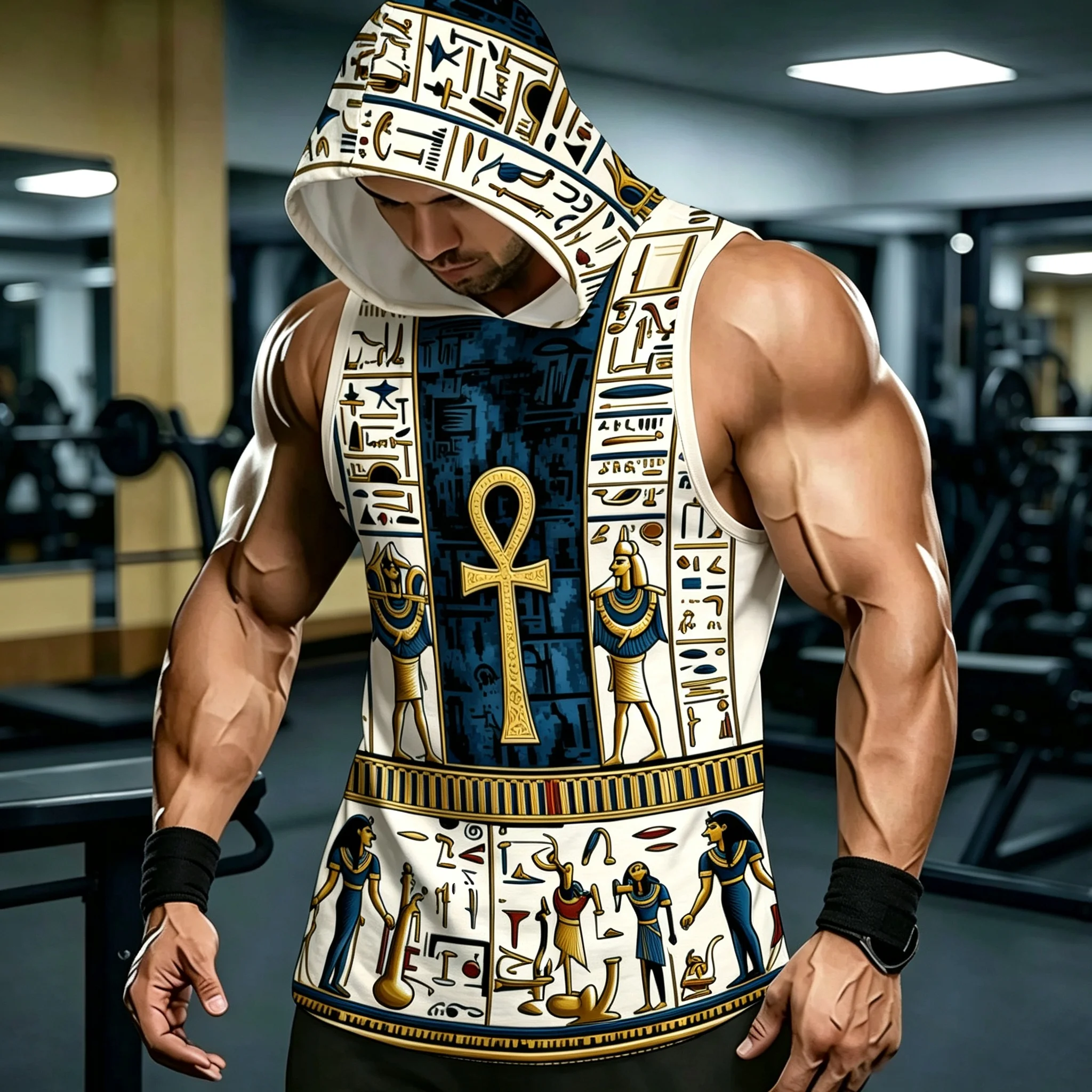 Men's Sleeveless Hooded Tank Top Ancient Egyptian Ankh Symbol Hieroglyph 3D Print Gym Workout Bodybuilding Fitness Training Vest