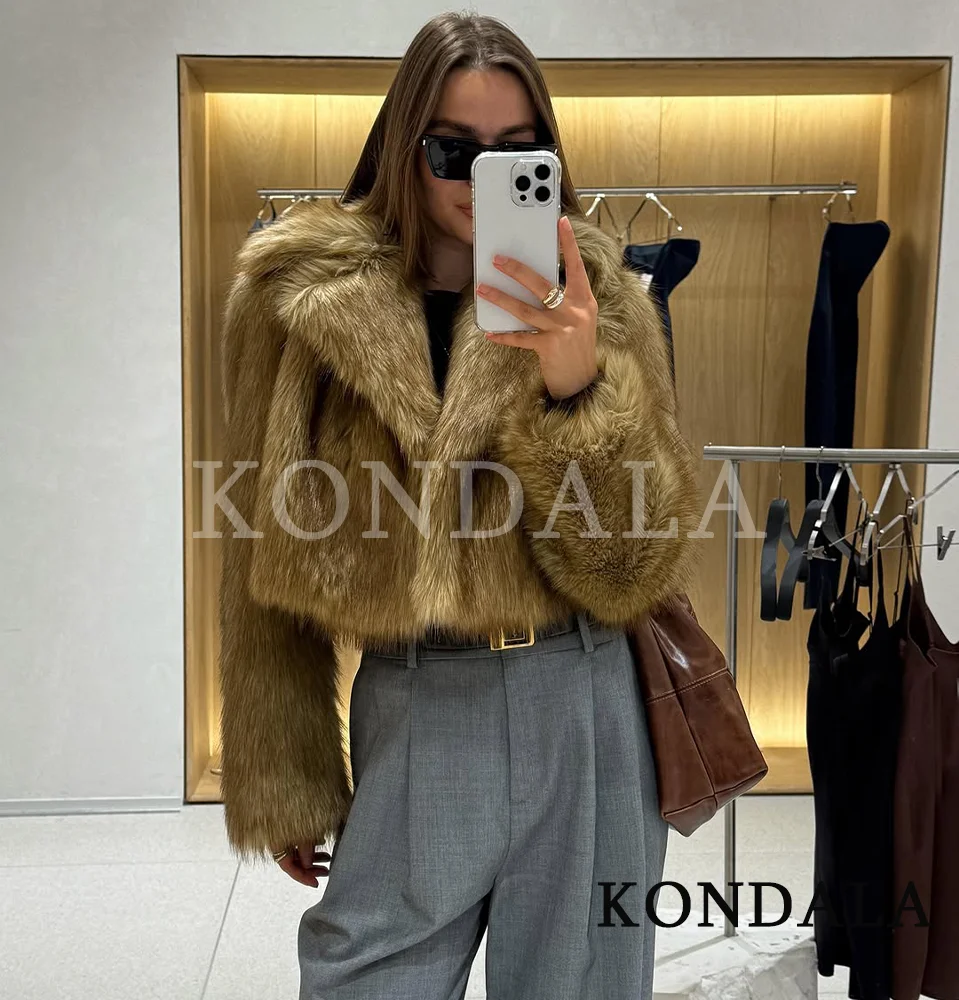 

KONDALA женское короткое меховое пальто осень-зима High Street куртка из искусственного меха с лацканами 2025 осенняя мода элегантное повседневное женское меховое пальто