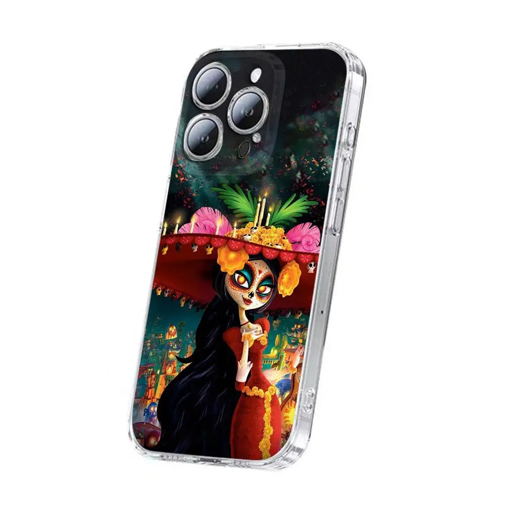 حافظة هاتف Skull Girl Catrina Day of the Dead Mexico لهاتف iPhone 17,16,15,14,13,12,11,Plus,Pro,Max,Plus,E,Air,Mini Transparent