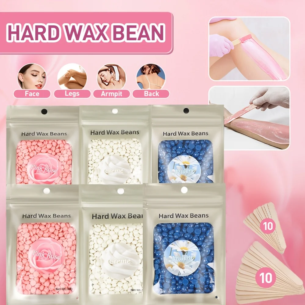 Wax Kit Hard Wax For Hair Removal 6 Packs Wax Beads Waxing Kit For Women Hot Wax Warmer Pot For Face, Eyebrow, Body, Bikini With 20 Pcs Wood Sticks And10 Pcs Nose Wax Sticks
