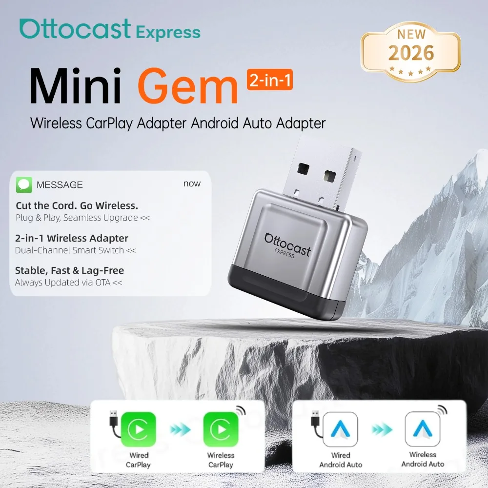 Ottocast Mini Gem 2-in-1 Kabelloser CarPlay-Adapter & Kabelloser Android Auto Dongle Plug & Play Auto-Verbindung OTA-Update für 98% aller Autos