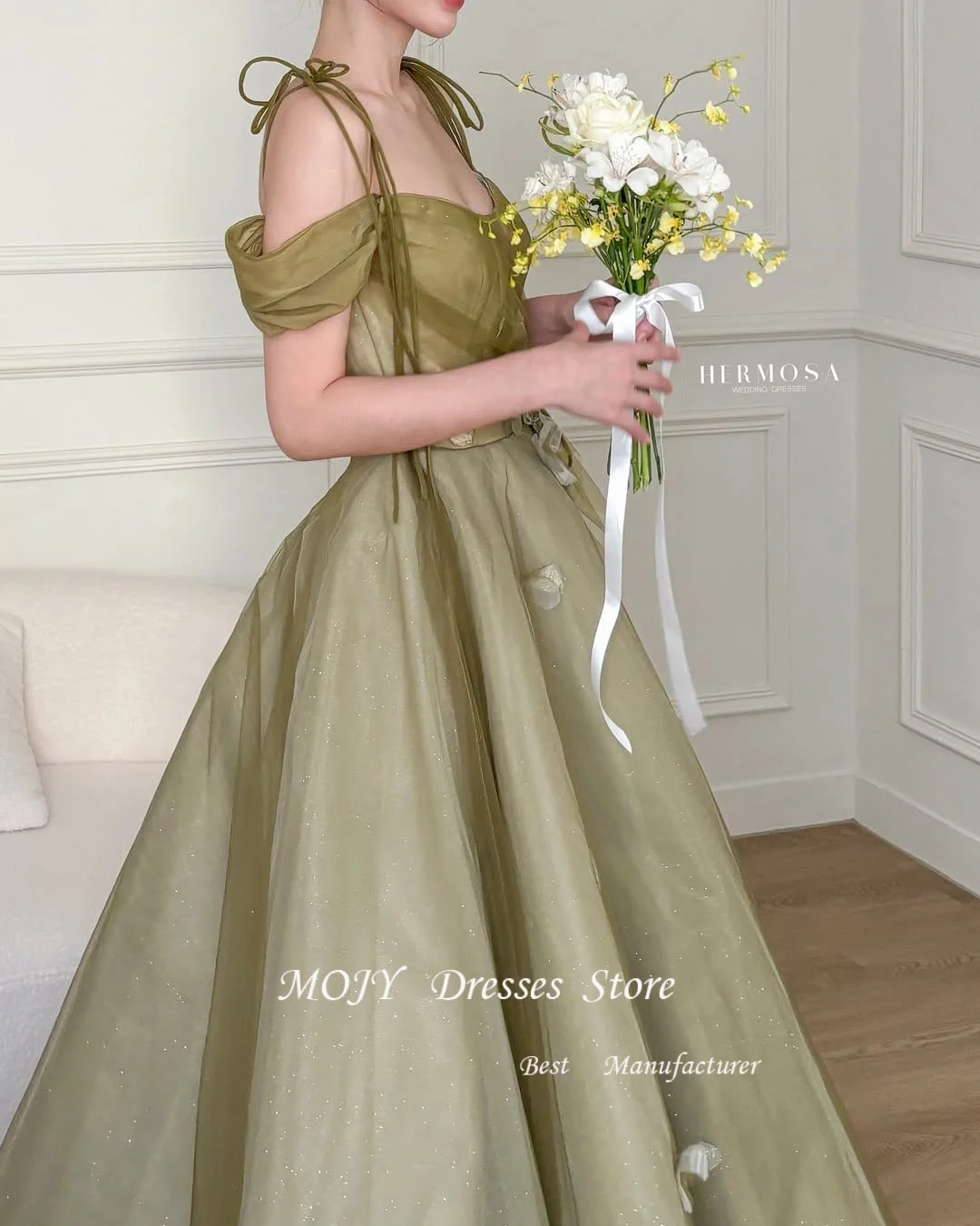 Mojy Fairy Green с открытыми плечами Корейские свадебные платья Блестящее тюлевое плиссированное вечернее платье Фотосессия Индивидуальное вечернее платье невесты