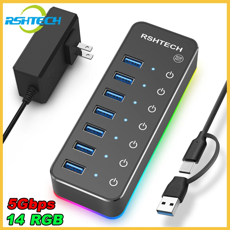 Imagem -02 - Adaptador de Energia Rshttech-alumínio para pc e Laptop Usb c Hub 5gbps Portas Usb 3.0 14 Modo Rgb Led Strip 20w