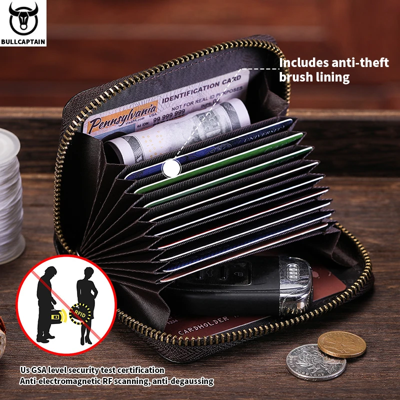 BULLCAPTAIN Genuine Card Bag Men\'s Casual Business Credit Card Holder Multifunctional RFID Anti-Theft 11 Card Slots Coin Purse