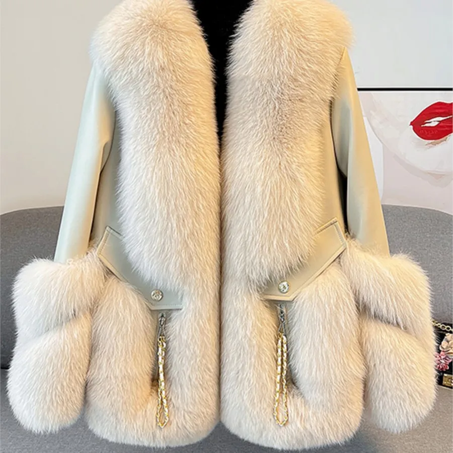 2023 New Fox Fur Fur Coat Women\'s Mid-Length Sheepskin Fur and Leather Overcoat White Goose Down