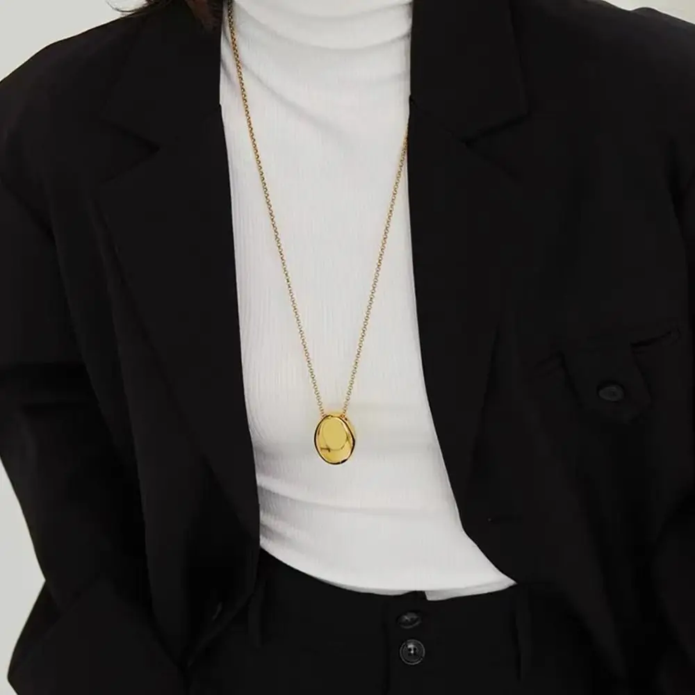 Elegant Oval Pendant Sweater Chain Brushed Metal Charm Long Thin Chain Collar Decoration Women Gifts
