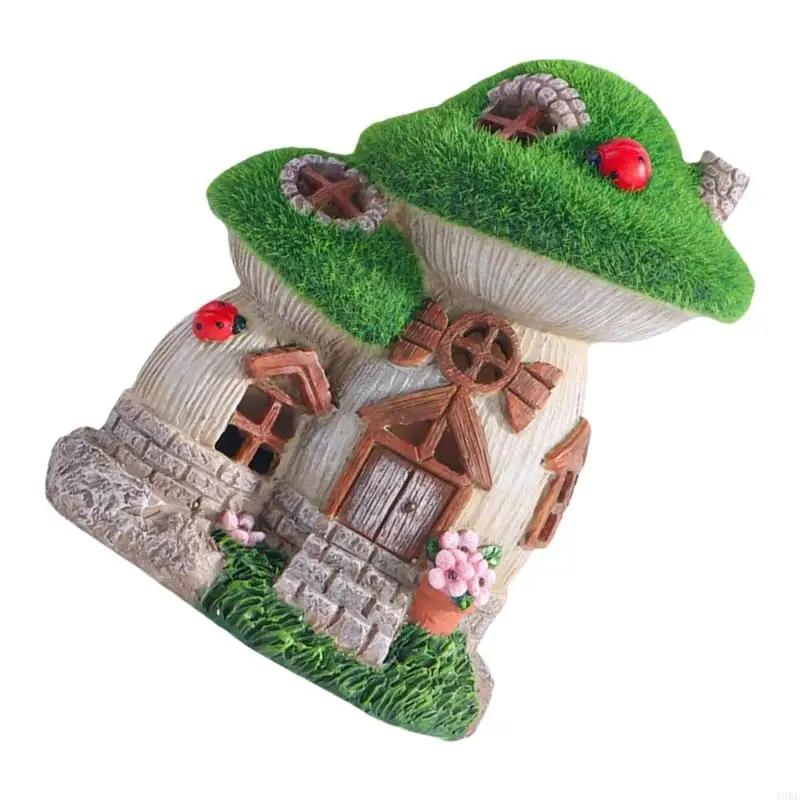 

A0KE Fairies Tale Landscape Ornament Mushroom House Resin Statue For Night Display