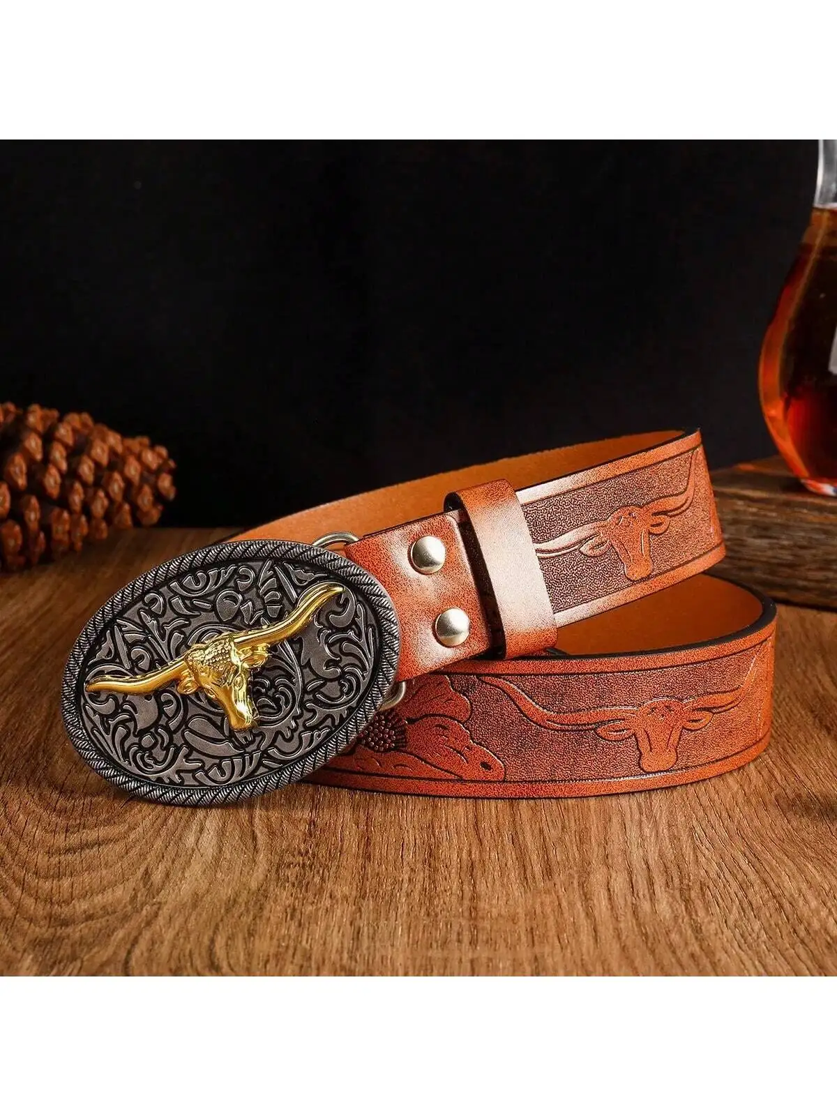 1 cinturón occidental para hombre con hebilla de cuerno largo grabada: diseño vintage al aire libre para uso diario, ocasiones casuales y eventos festivos ​