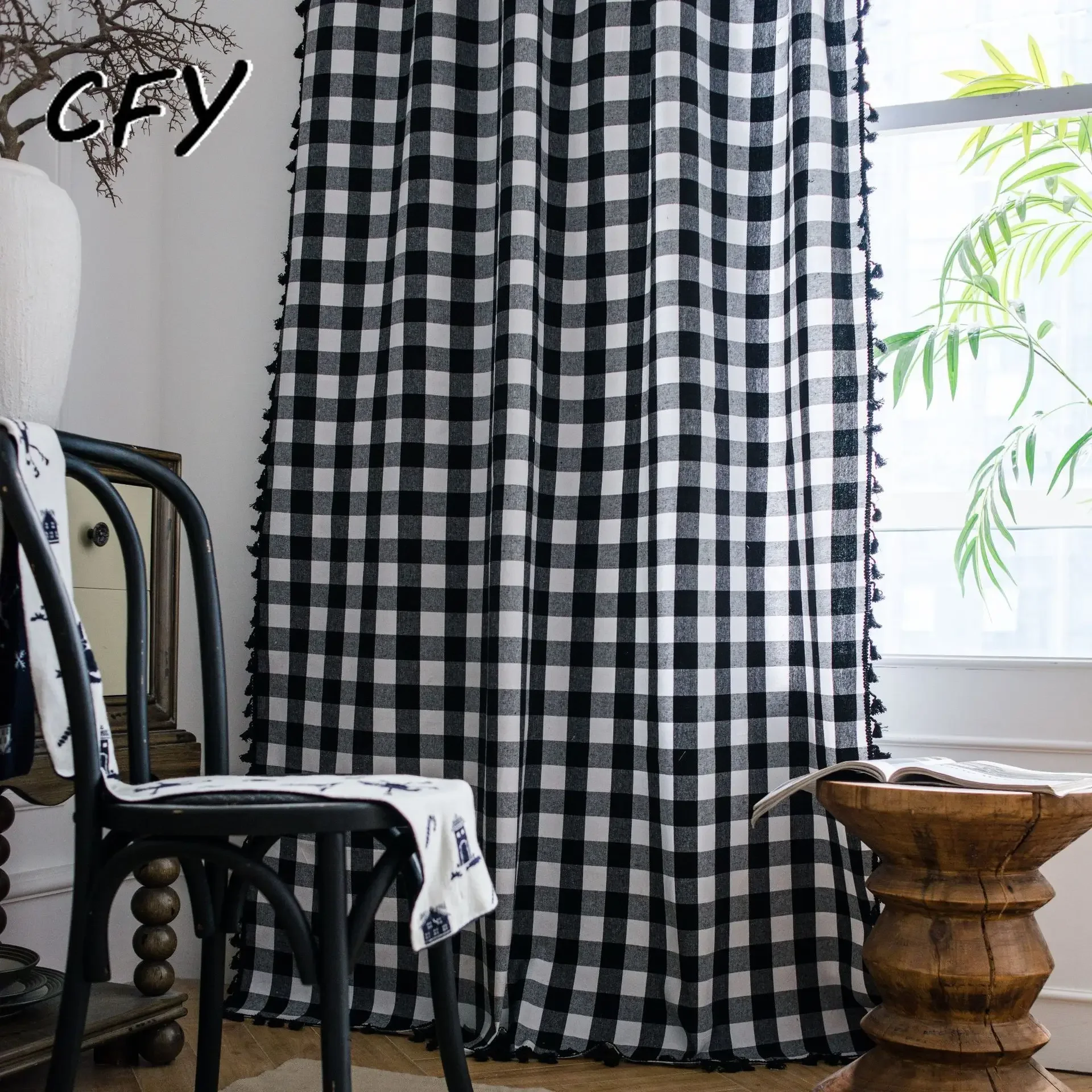 

Cotton Linen American Plaid CurtainThick with Tassels Curtains for Living Room Drape Kitchen Valance for The Luxury Living Room