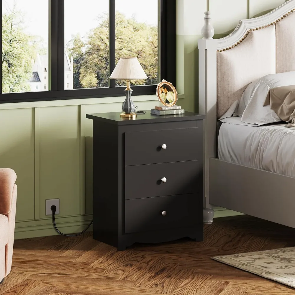 

Tall Nightstand with Charging Station, Wood Night Stand with 3 Drawers,Black Side Tables Bedroom,Dorm,End Table with 2 USB Ports