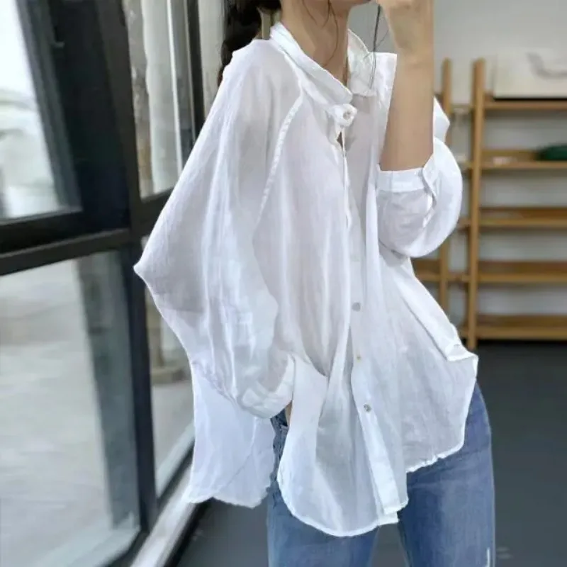 

Women's Plus Size Ramie Shirt Loose Fit Long Sleeve Lightweight Sun Protection Blouse For Summer