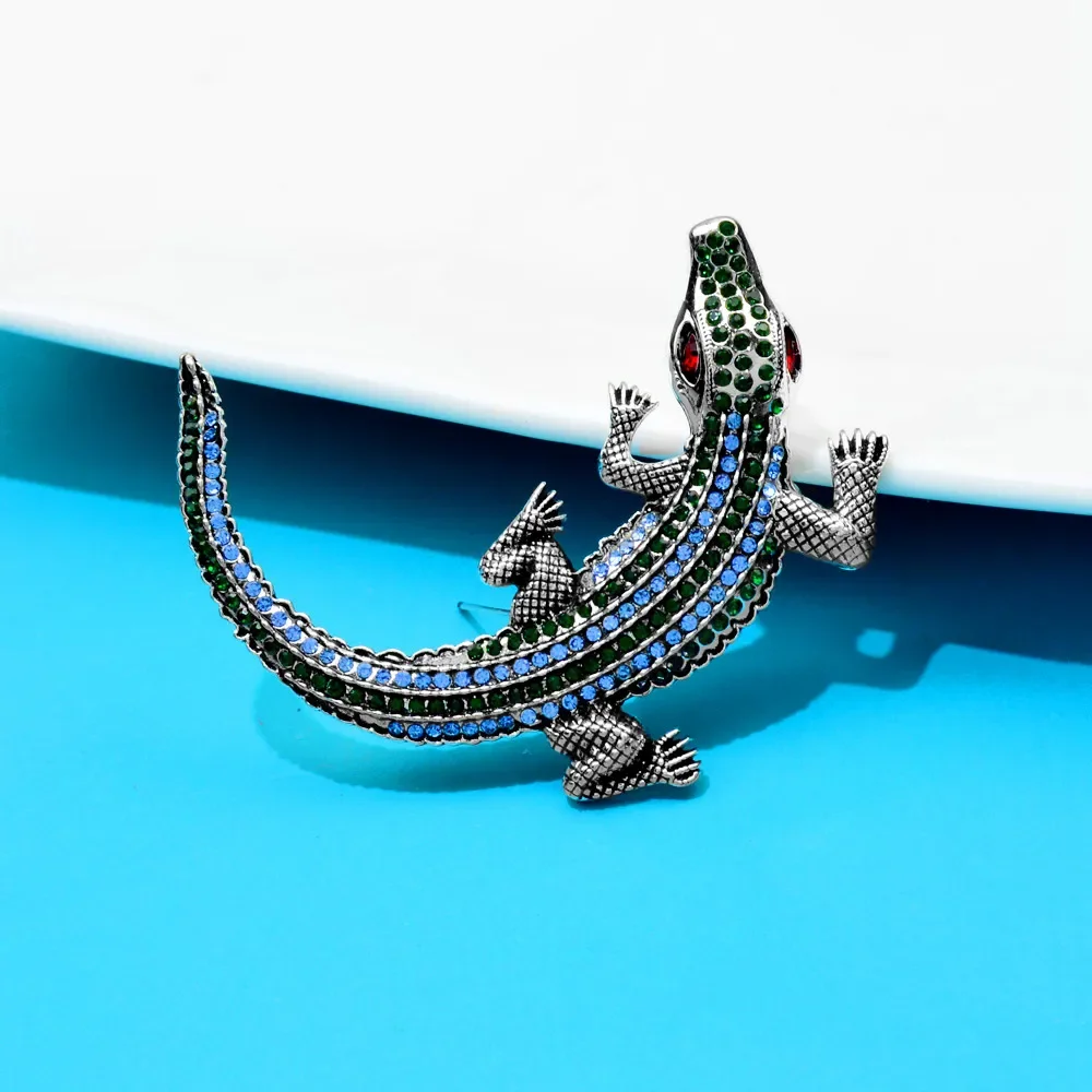 Blucome 2023 New Rhinestone Crocodile Brooch Fashion Small Animal Brooch Retro Large Brooch 3 Colors