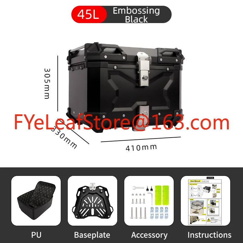 Coffre léger et Durable pour moto, 45l, boîtier supérieur universel en alliage d'aluminium pour boîtes arrière de moto