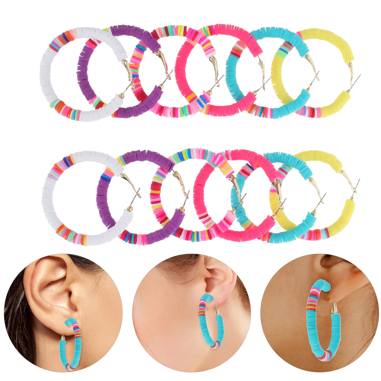 

6 Pairs Colorful Polymer Clay Earrings Beads Colored Hoops Boho Beaded Open Disc