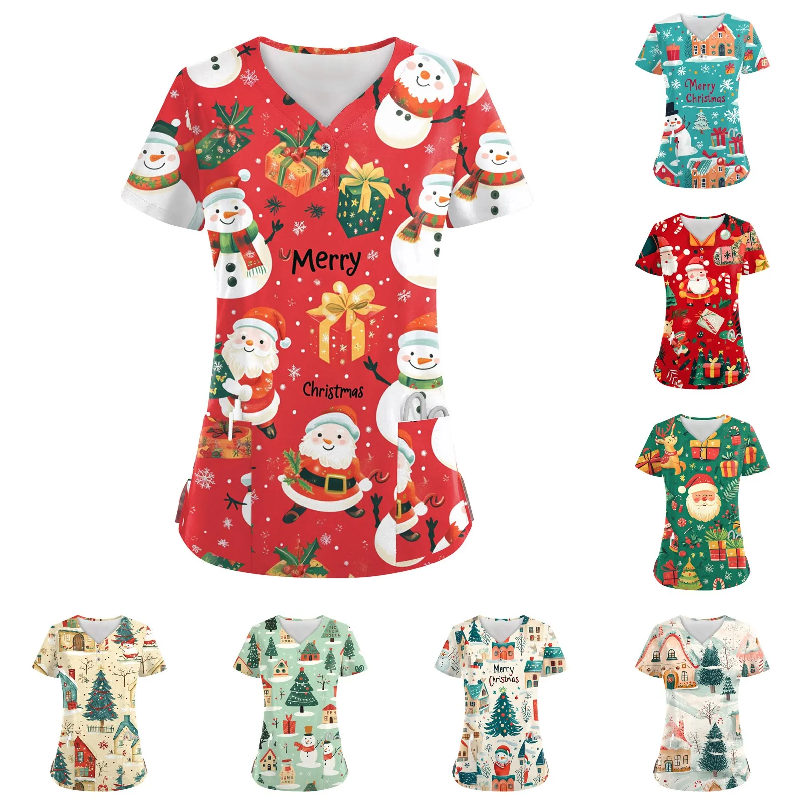 Nursing Uniforms Woman Short Sleeve Scrub Top Women's Uniforms Fashions Cartoon Christmas Print Pocket Blouse