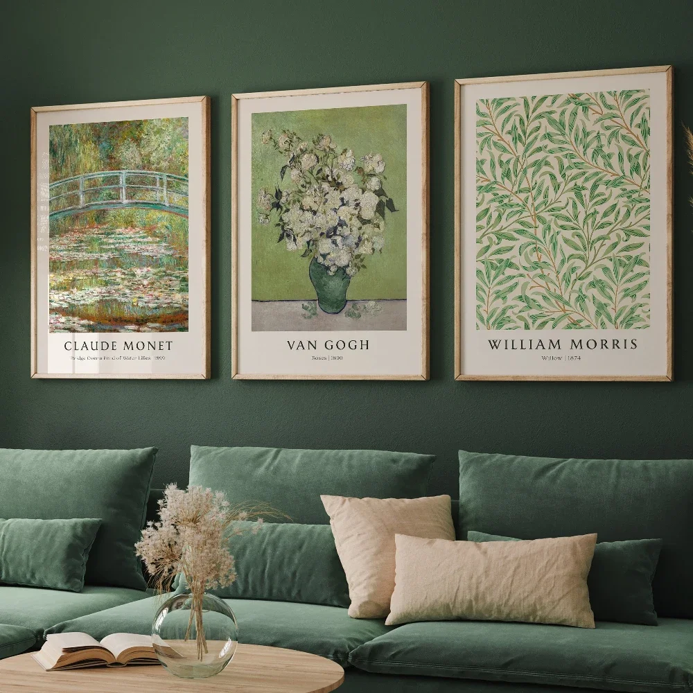 Large-sized frameless 3pcs  Green Prints Flower Gallery Wall Set William Morris Claude Monet Van Gogh Eclectic Vintage Poster