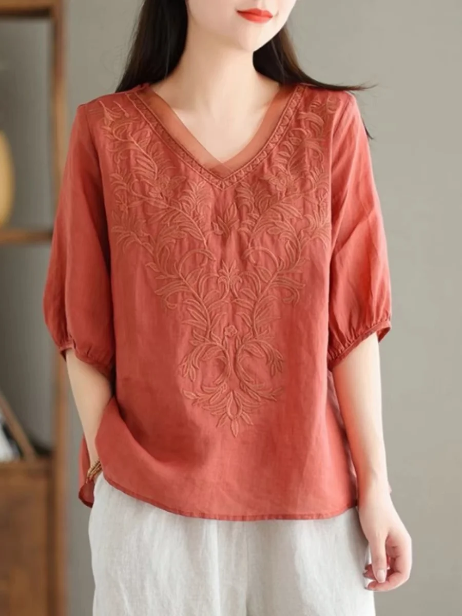 Nueva Csa de Lino Bordada para Mujer 2025 Verano Deada Manga Corta Vintage Hoada Talla ande Aodón Lino Versátil Top