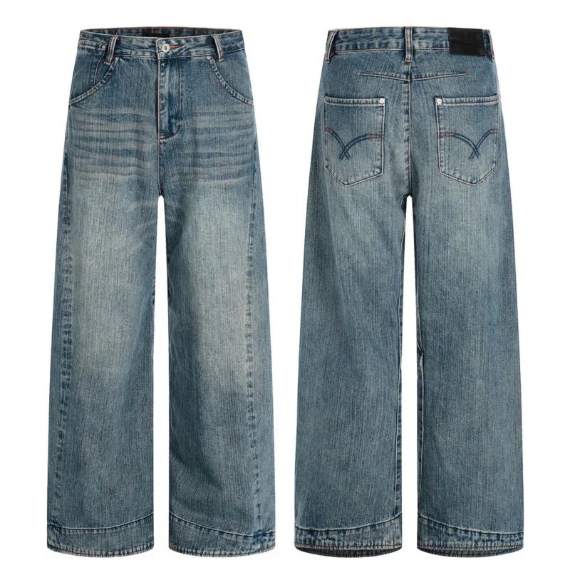 سراويل الأب الفضفاضة متعددة الاستخدامات للرجال أوروبية وأمريكية عالية الشارع فاسق ريترو مغسولة المتعثرة واسعة الساق مستقيمة الساق من قماش الدنيم