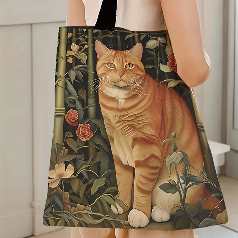 Bamboo Grove Little Orange Cat Pattern Printed Casual Tote Bag Backpack Multi Functional Handbag Beach Bag Printed Shopping Bag